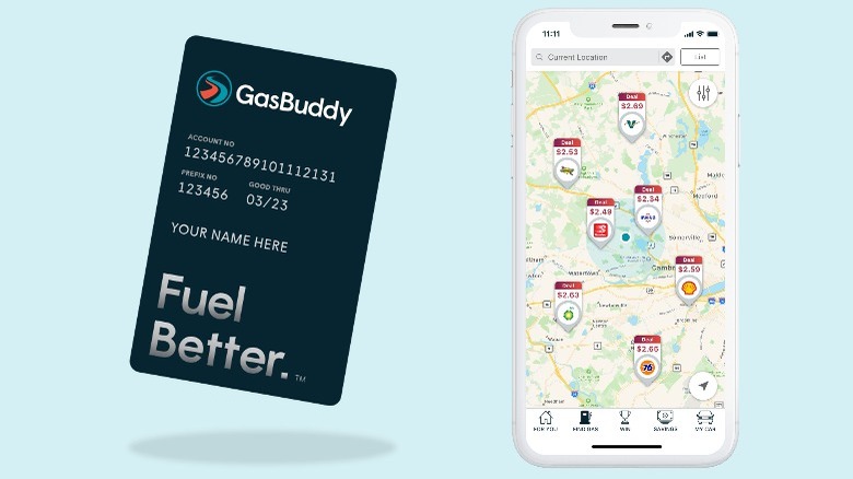 GasBuddy app screen and card