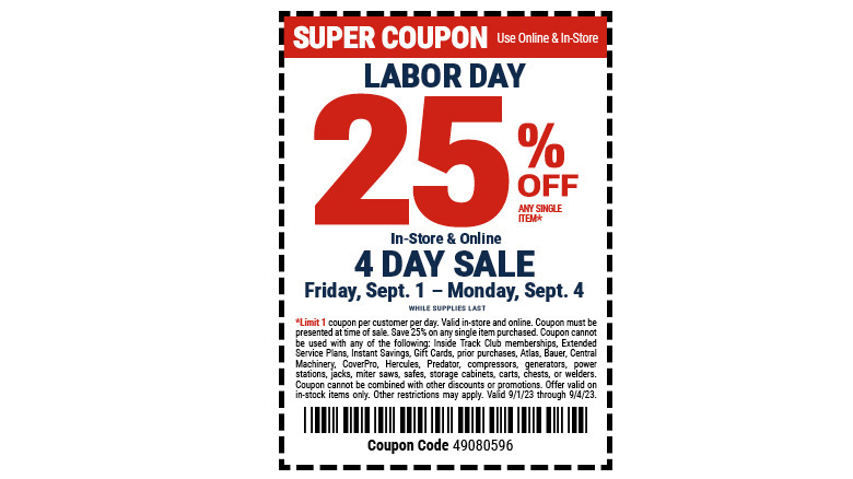 Harbor Freight 25% off Labor Day weekend sale coupon