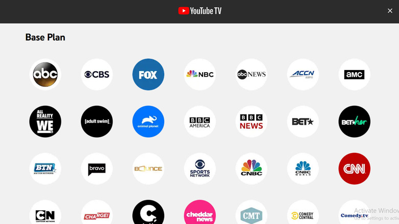 YouTube TV base plan channels