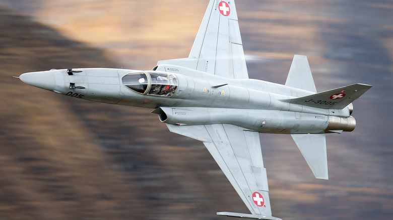 Nothrop F-5 overhead view while in flight with blurred background