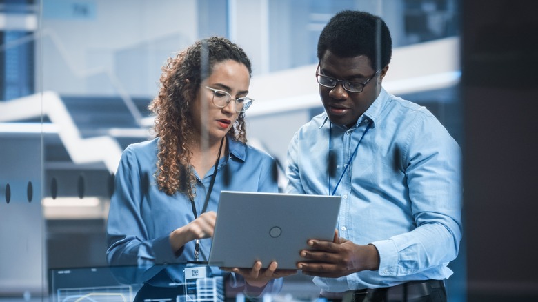 Two professionals look at a laptop