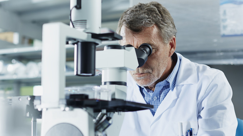 scientist looking through microscope