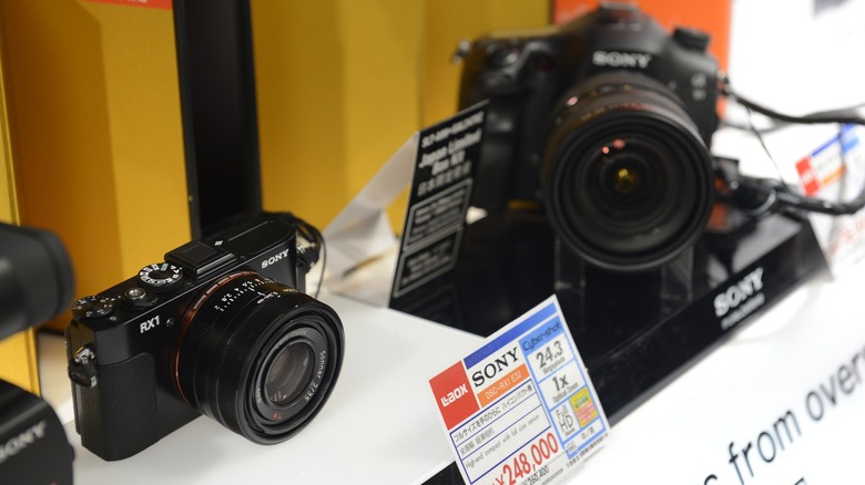 Sony RX1 mirrorless camera next to Sony DSLR camera