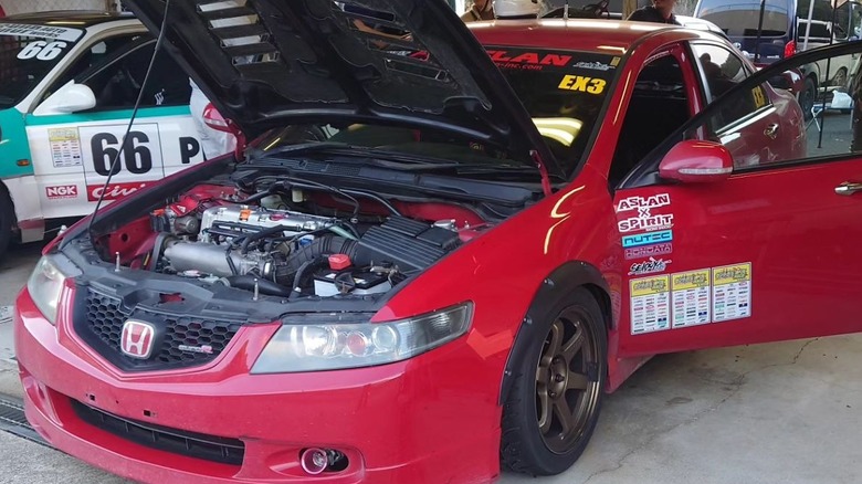 Red Honda Accord hood up