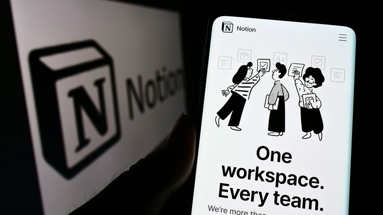 Notion Android app with logo in background