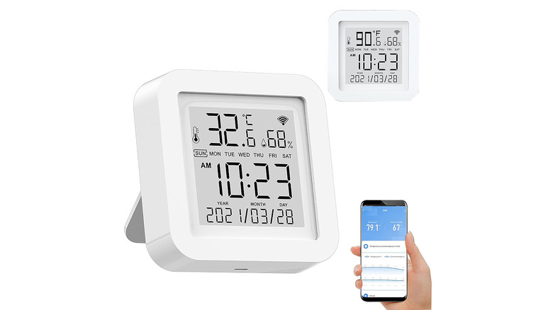 Product image of a smart temperature and humidity monitor