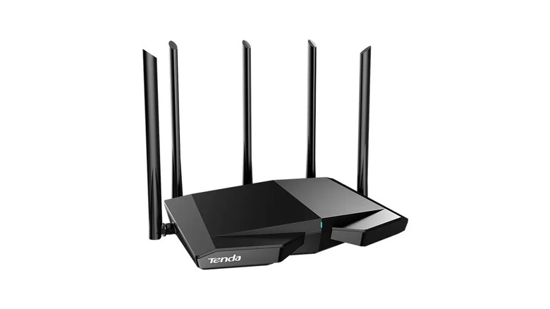 Black Tenda RX27 Pro (AXE5700) router on a white background