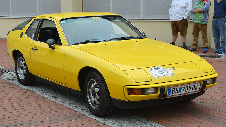 Yellow Porsche 924 on display