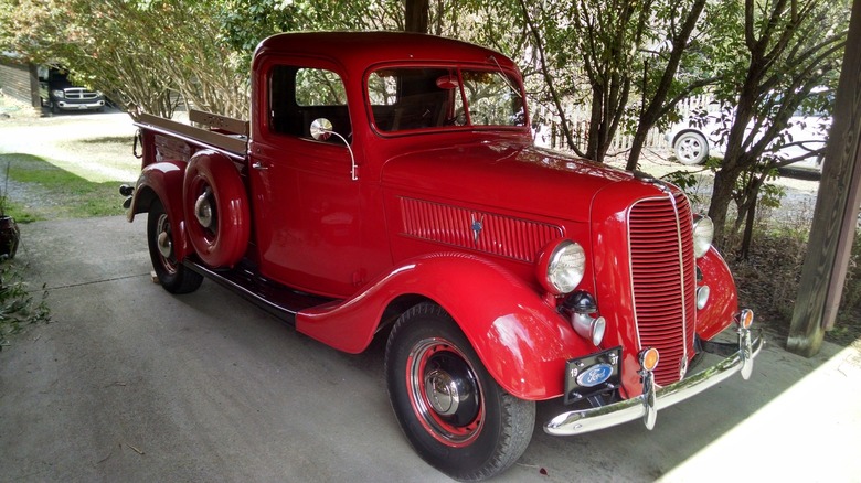 a red 1937 Ford Pickup