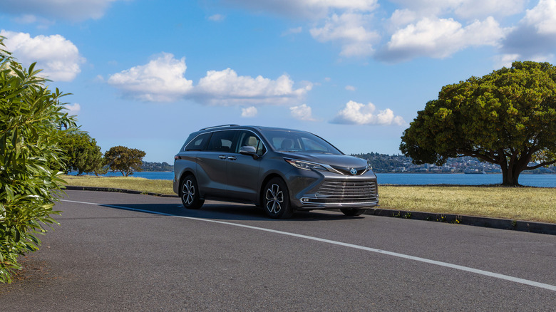 2025 Toyota Sienna Platinum on road next to water and tree