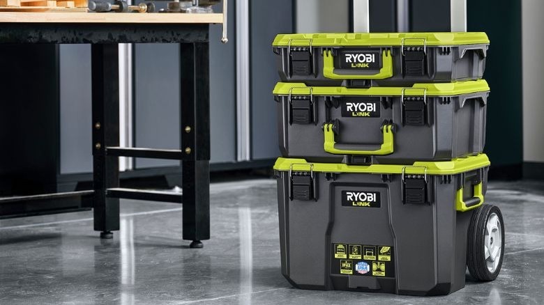 Ryobi rolling tool box with added storage bins on top