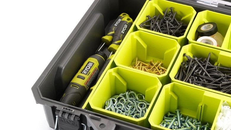 Ryobi small parts organizer with different screws and screwdrivers