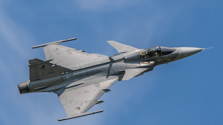 Saab 37 Viggen flying in blue skies