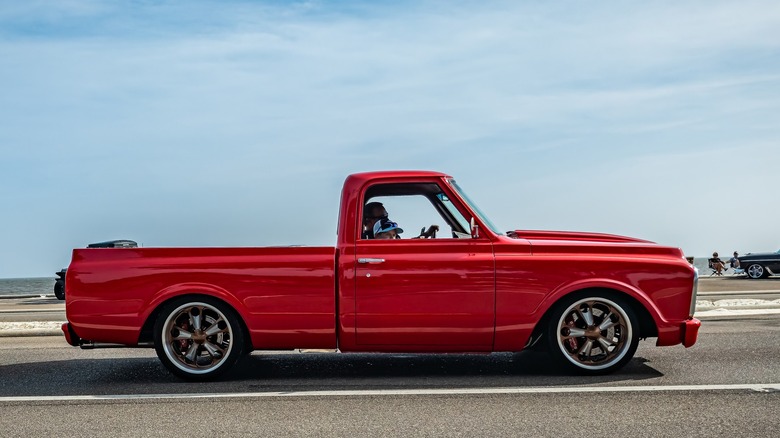 Wide angle side view of a 1972 Chevrolet C10 Fleetside Pickup Truck