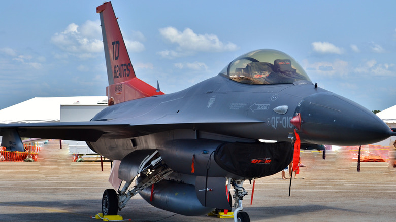 A U.S. Air Force QF-16 Drone parked on the runway at Tyndall Air Force Base in Florida