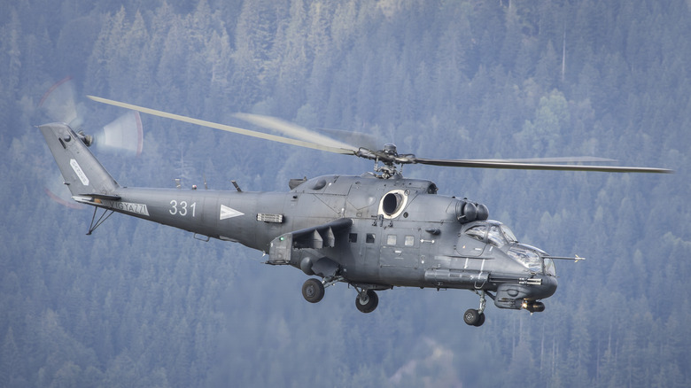 A Mil Mi-24 Hind of the Hungarian Air Force flying at an Air Show in September 2022