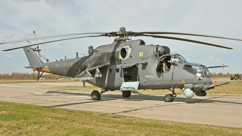 Russian Air Force MI-35M Hind E on a landing strip