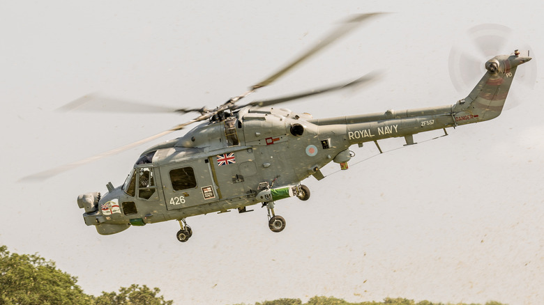 A Westland Lynx of the UK Royal Navy flying over Bedfordshire, England in June 2016