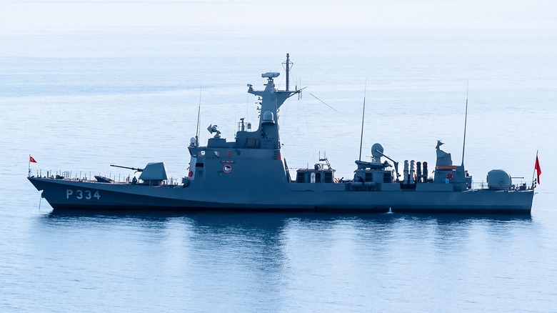 The Meltem, a Kılıç class missile boat, on the water