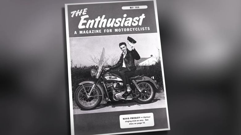 Cover of Enthusiast Magazine of Elvis sitting on 1956 Harley-Davidson KH