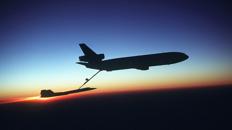 An SR-71 Blackbird refueling midair