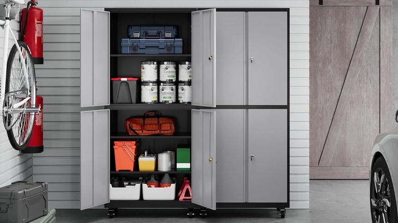 Individual storage cabinets set up in garage