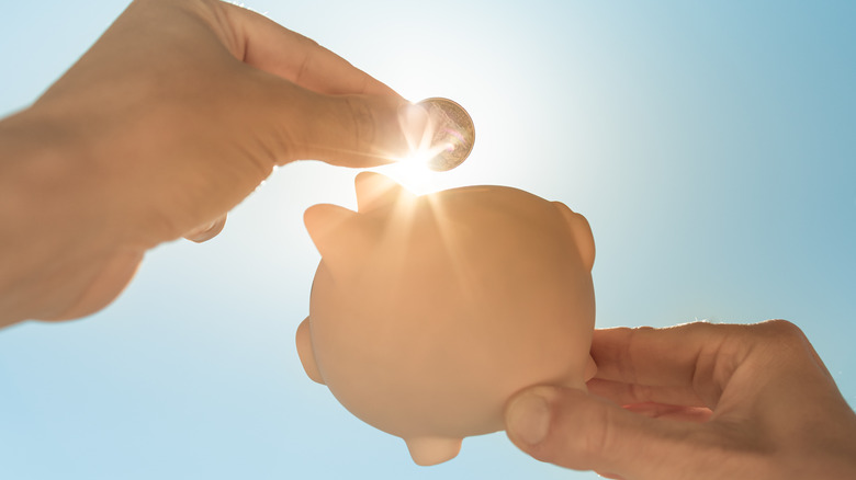 A hand drops a coin in a piggy bank under sunlight