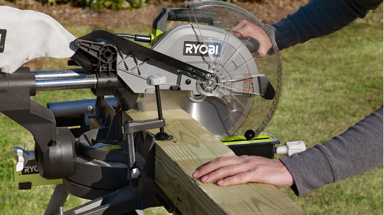 Ryobi 12-Inch Sliding Compound Miter Saw in use