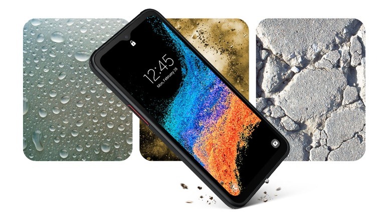 An image demonstrating the Galaxy Xcover6 Pro with water, dust, and drop protection