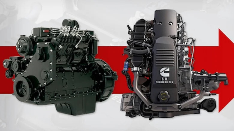 Cummins 5.7 and 6.9 liter engines side by side with red arrow behind pointing to the right