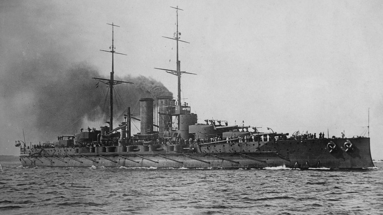 A black and white photo of the Viribus Unitis sailing