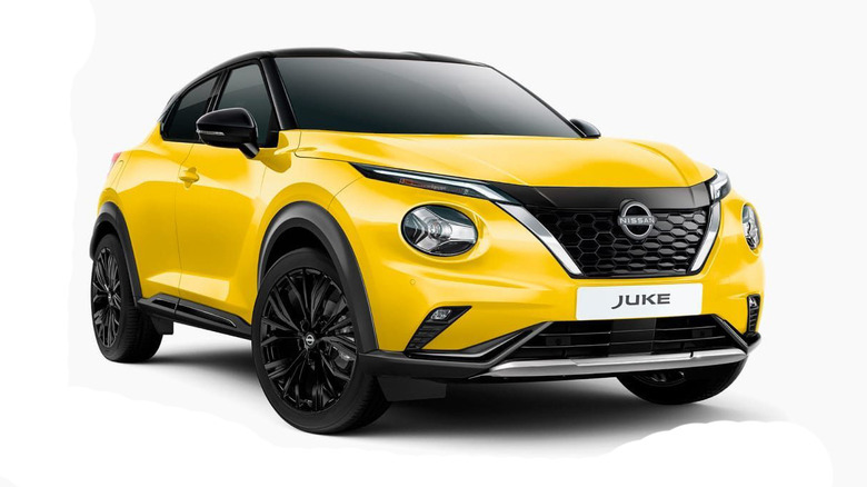 Yellow Nissan Juke on white background