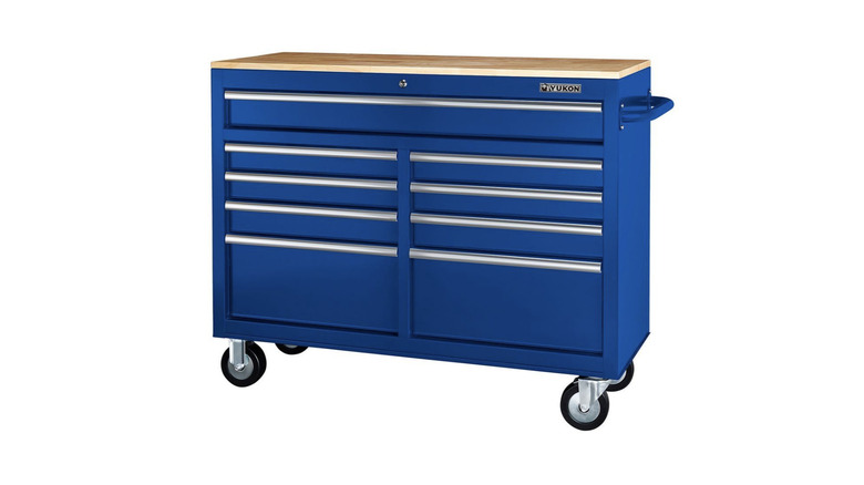 The Yukon 46-inch 9 Drawer Mobile Storage Cabinet with Solid Wood Top