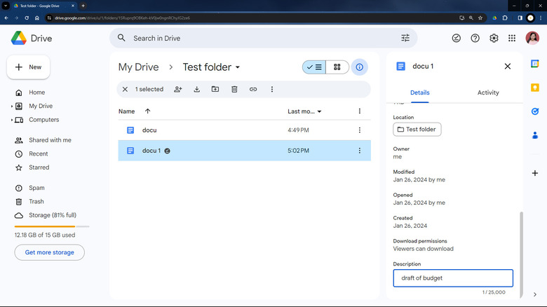 Google Drive file description