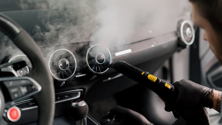 Close up of steaming the car vents