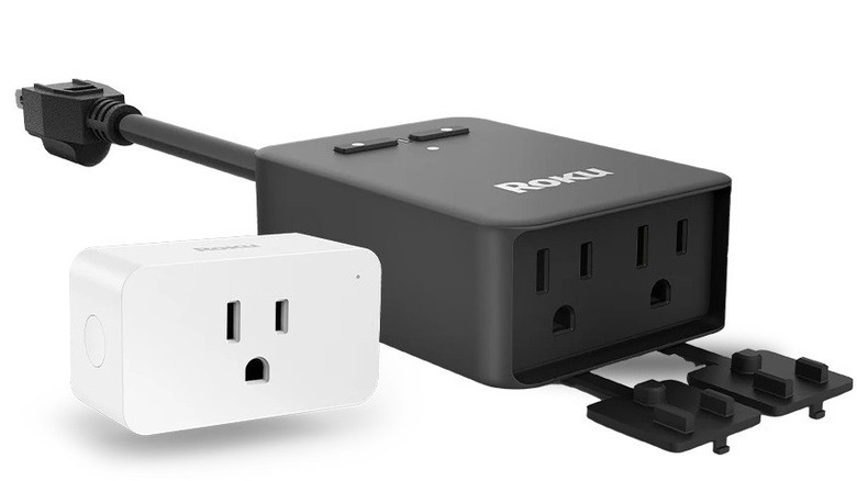 Roku indoor and outdoor smart plugs on white background