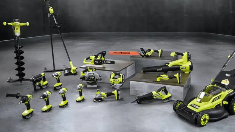 Ryobi power tools sitting on the ground