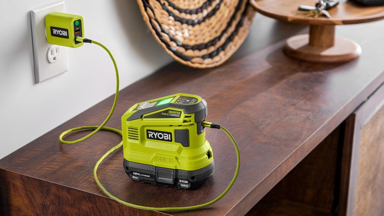 Ryobi power source battery charging on table