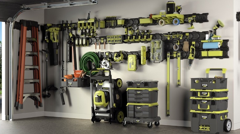 Ryobi tools stored in a garage