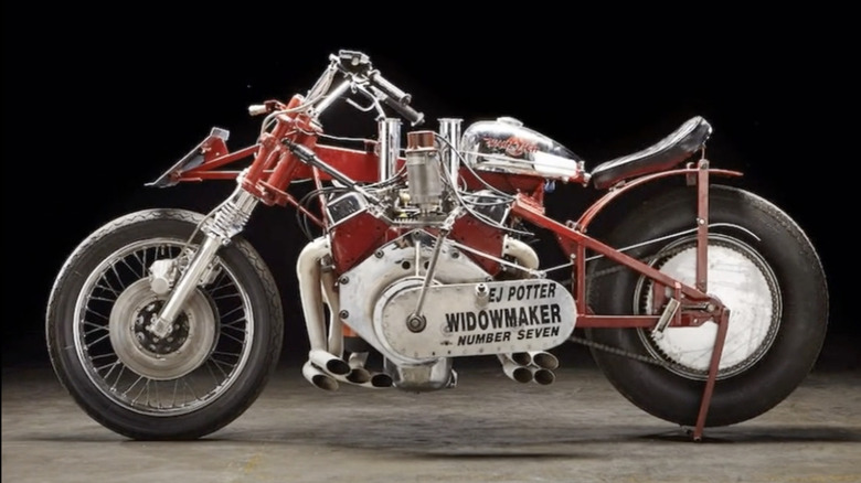 E.J. Potter Widowmaker 7 V8 motorcycle on cement against black background