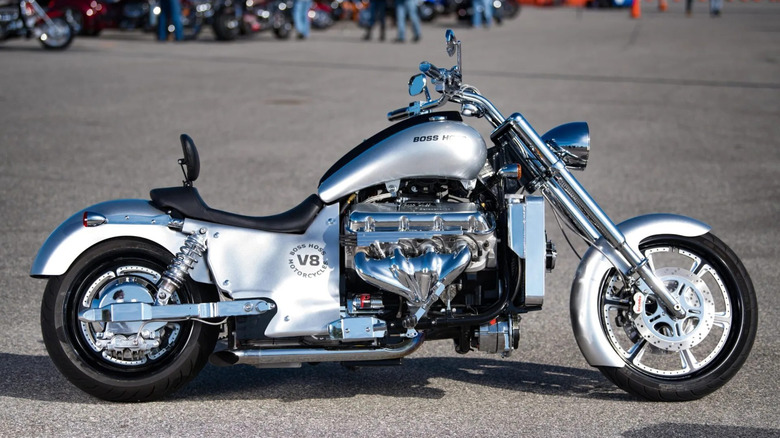 Silver Boss Hoss Limited Super Sport motorcycle parked on asphalt lot