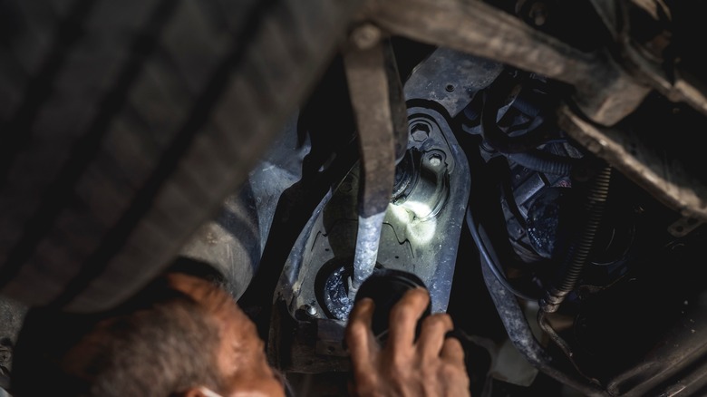 Checking car underside flashlight