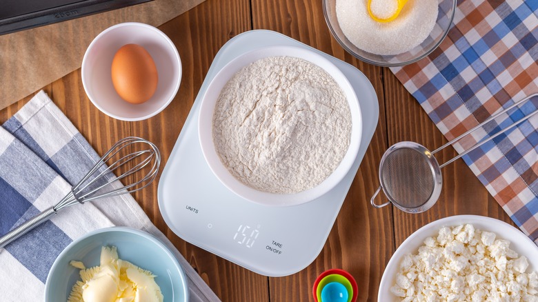 kitchen scale with bowl and ingredients