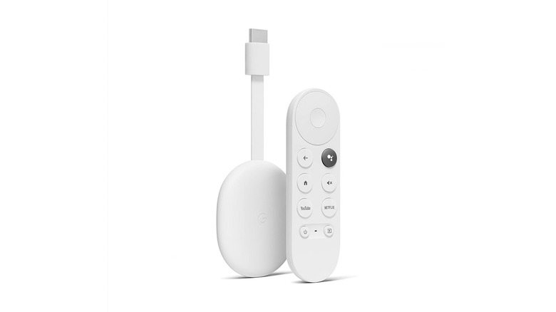 Product image of a white Chromecast stick and remote