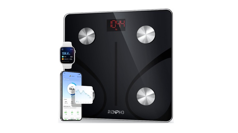 A Renpho smart scale works through a mobile app and a compatible smartwatch