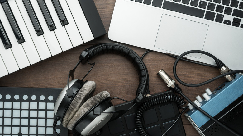 music equipment and laptop connected to audio interface