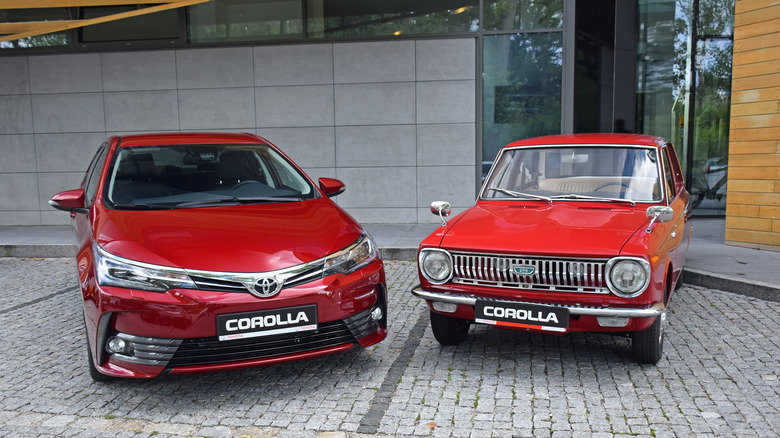 A classic and modern Toyota Corolla side by side