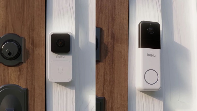 Two Roku doorbell models mounted on a white door frame side by side