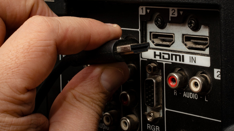 Person checking ports on the back of a TV