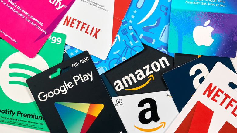 Different gift cards of brands like Spotify, Netflix, Apple, Google Play and Amazon